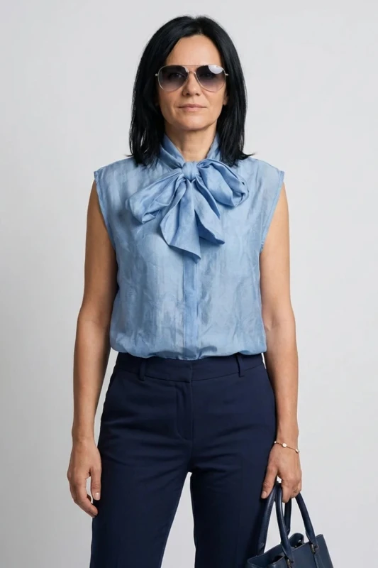 Bluzka damska niebieska z kokardą elegancka oversize Italy
