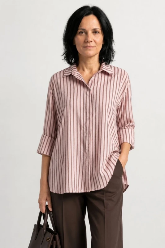 Bluzka koszula damska różowa w brązowe paski bawełna oversize Made in Italy