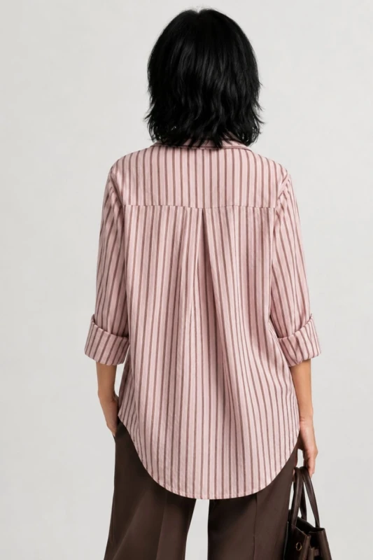 Bluzka koszula damska różowa w brązowe paski bawełna oversize Made in Italy