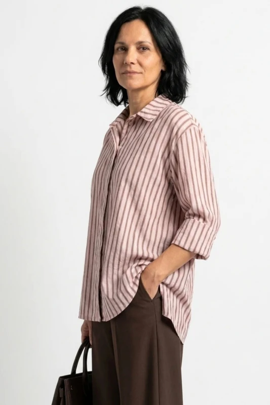 Bluzka koszula damska różowa w brązowe paski bawełna oversize Made in Italy