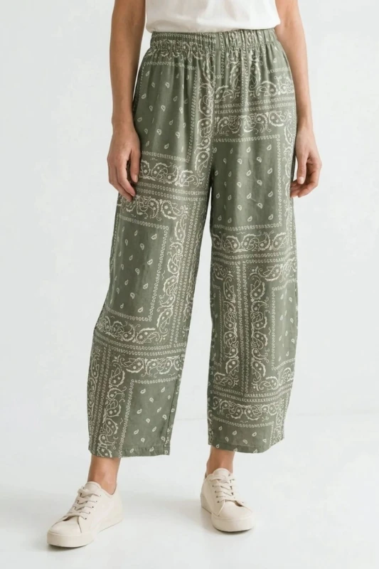 Spodnie damskie zielone wzór paisley luźny krój bawełna Made in Italy