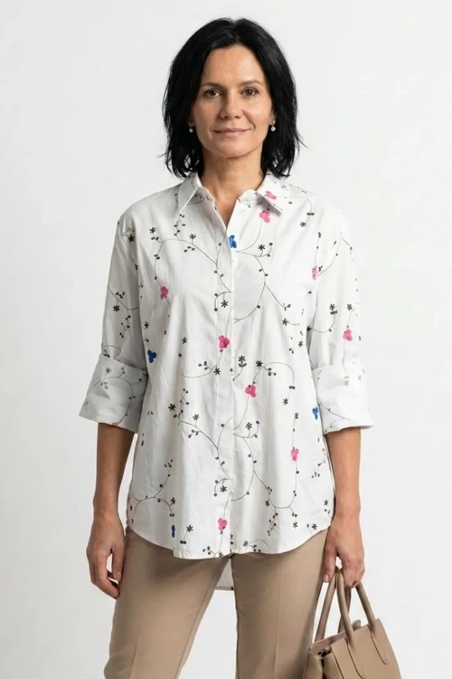 Bluzka koszula damska biała w kwiaty elegancka bawełniana Made in Italy