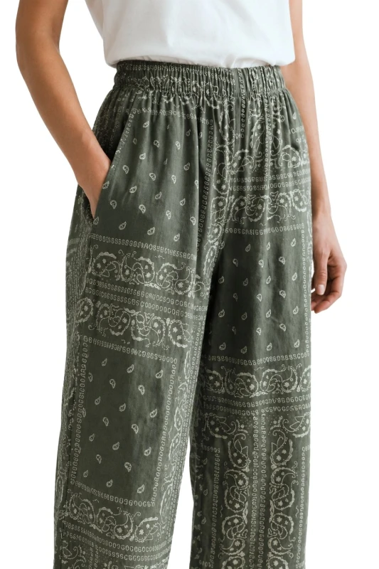Spodnie damskie zielone wzór paisley luźny krój bawełna Made in Italy