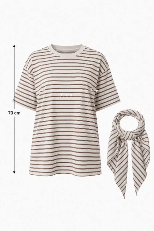 Bluzka damska beżowa w paski z chustą oversize bawełna Made in Italy