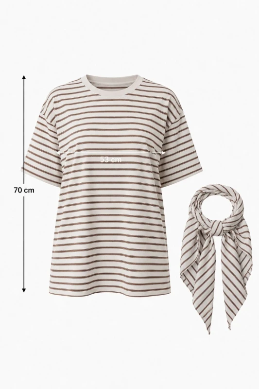 Bluzka damska beżowa w paski z chustą oversize bawełna Made in Italy