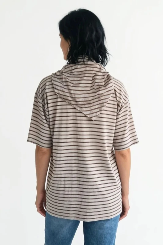 Bluzka damska beżowa w paski z chustą oversize bawełna Made in Italy