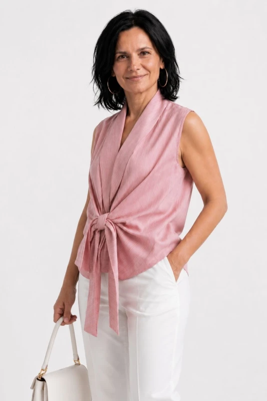 Bluzka damska różowa w paski wiązana bez rękawów elegancka Italy