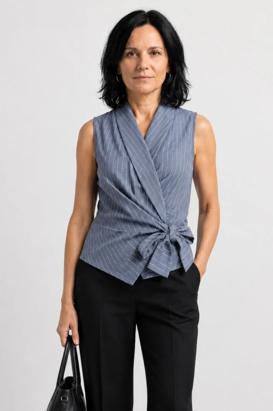 Bluzka damska niebieska w paski wiązana bez rękawów elegancka Italy
