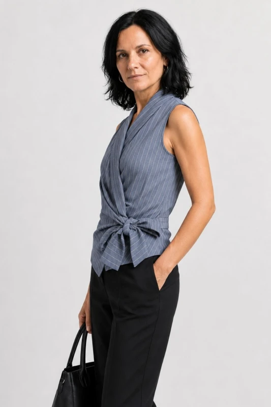 Bluzka damska niebieska w paski wiązana bez rękawów elegancka Italy
