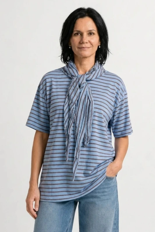 Bluzka damska niebieska w paski z chustą oversize bawełna Made in Italy