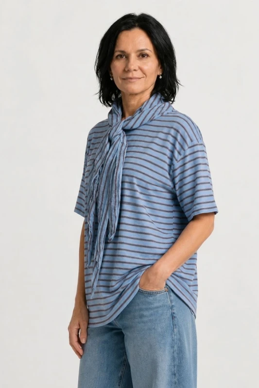 Bluzka damska niebieska w paski z chustą oversize bawełna Made in Italy