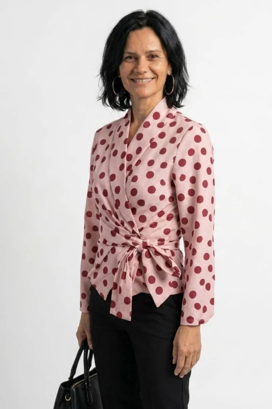 Bluzka damska kopertowa w grochy różowa wiązana elegancka Italy