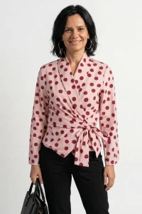 Bluzka damska kopertowa w grochy różowa wiązana elegancka Italy  