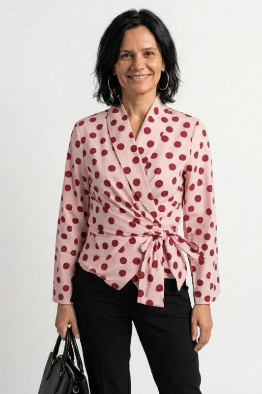 Bluzka damska kopertowa w grochy różowa wiązana elegancka Italy