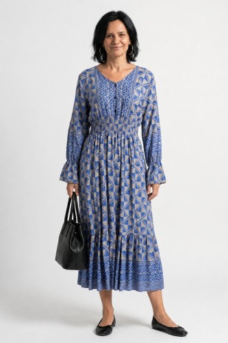 Sukienka damska Włoska Boho Midi Wzory Niebieska Włoska V-neck M