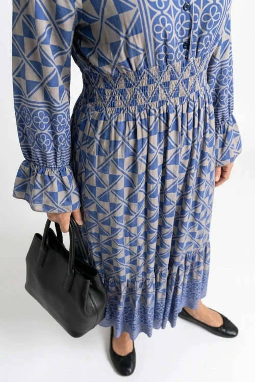 Sukienka damska Włoska Boho Midi Wzory Niebieska Włoska V-neck M