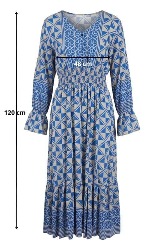 Sukienka damska Włoska Boho Midi Wzory Niebieska Włoska V-neck M