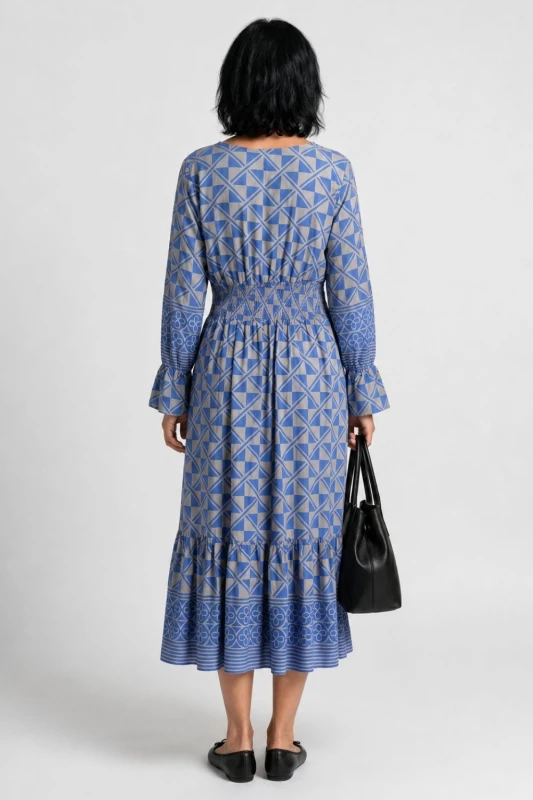 Sukienka damska Włoska Boho Midi Wzory Niebieska Włoska V-neck L