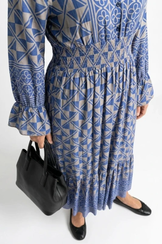 Sukienka damska Włoska Boho Midi Wzory Niebieska Włoska V-neck L