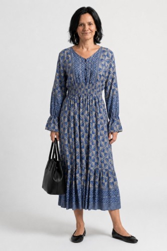 Sukienka damska Włoska Boho Midi Wzory Niebiesko Szara Włoska V-neck L