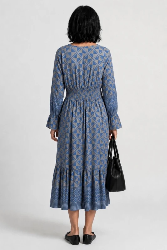 Sukienka damska Włoska Boho Midi Wzory Niebiesko Szara Włoska V-neck L
