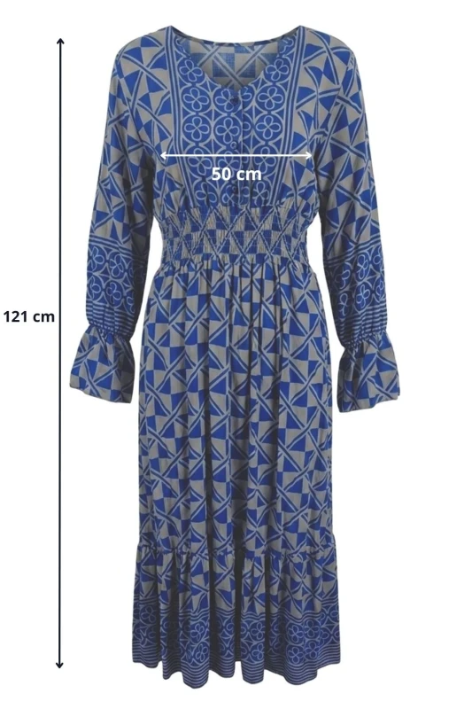 Sukienka damska Włoska Boho Midi Wzory Niebiesko Szara Włoska V-neck L
