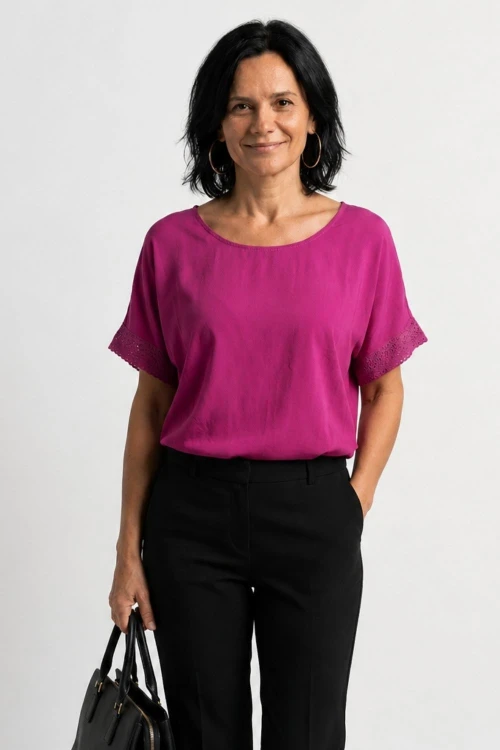 Bluzka damska fuksja casual oversize z delikatnym zwężeniem na dole letnia Italy
