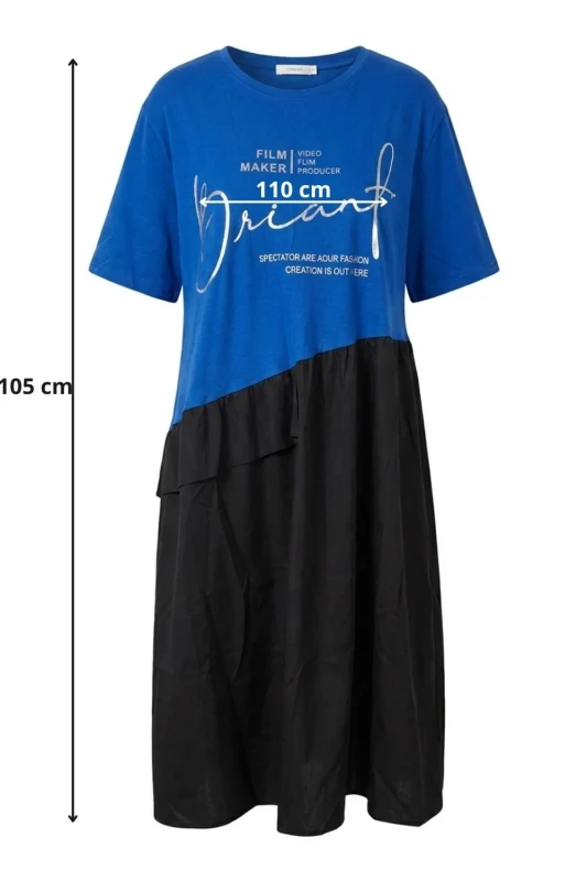 Sukienka damska oversize czarno-chabrowa z napisami bawełna Italy
