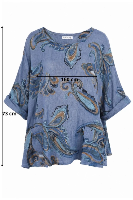Bluzka damska niebieska we wzory 100% len oversize kieszenie Italy