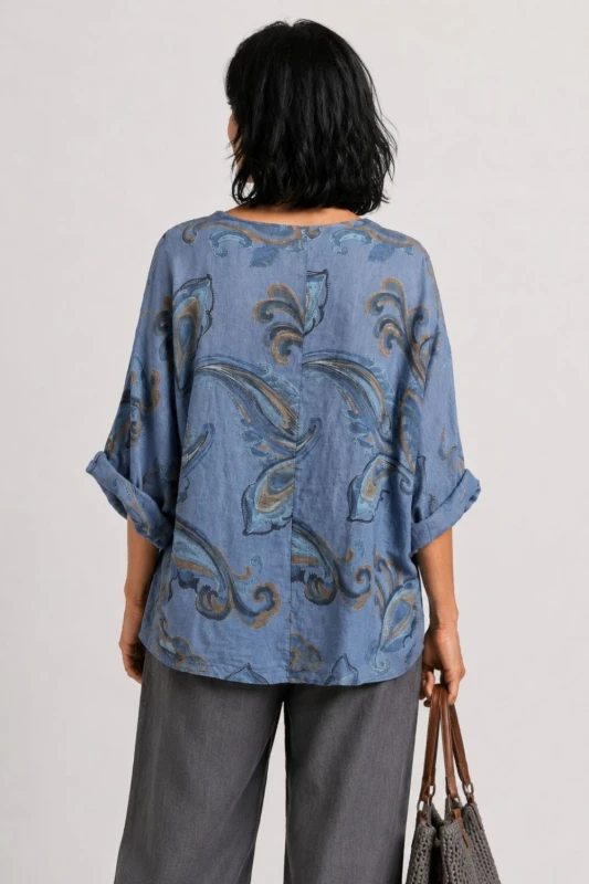 Bluzka damska niebieska we wzory 100% len oversize kieszenie Italy