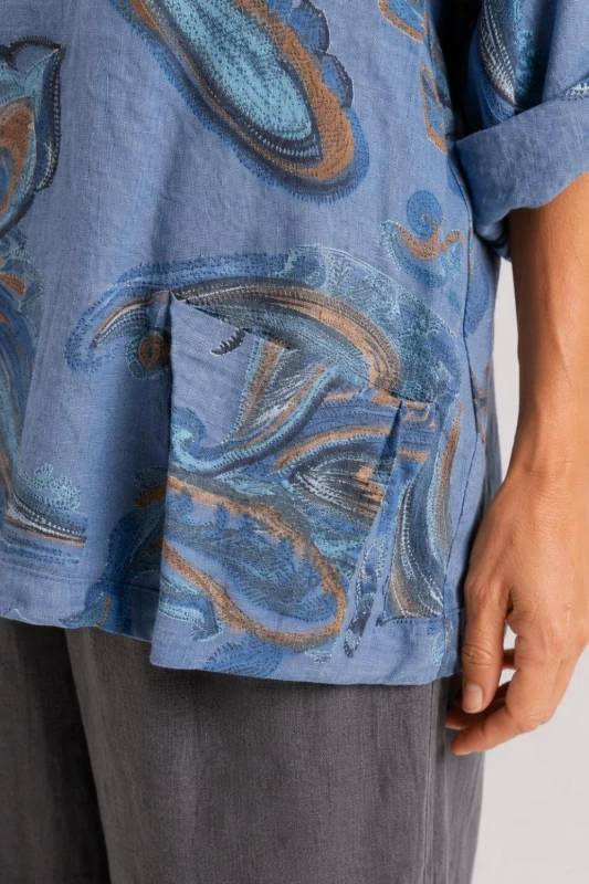 Bluzka damska niebieska we wzory 100% len oversize kieszenie Italy