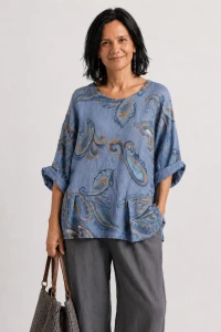 Bluzka damska niebieska we wzory 100% len oversize kieszenie Italy 