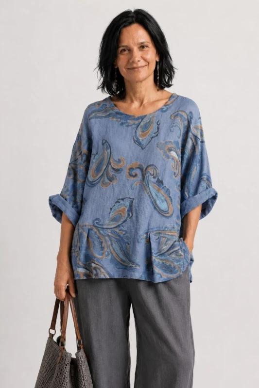 Bluzka damska niebieska we wzory 100% len oversize kieszenie Italy