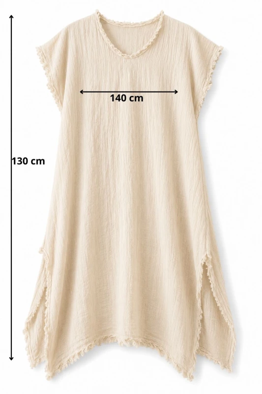 Sukienka damska beżowa len oversize boho z frędzlami Italy