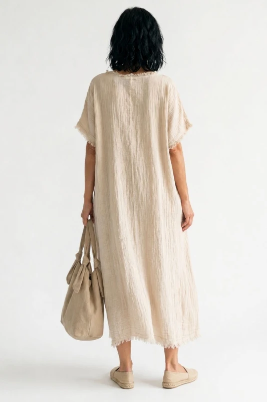 Sukienka damska beżowa len oversize boho z frędzlami Italy