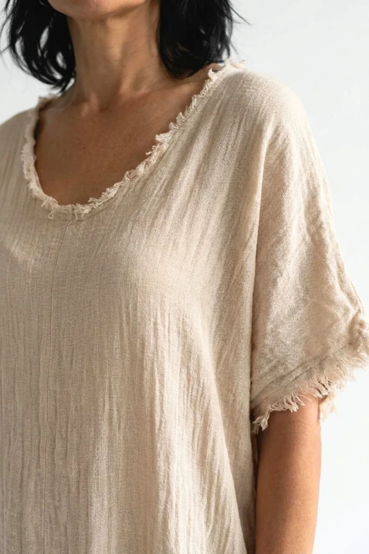 Sukienka damska beżowa len oversize boho z frędzlami Italy