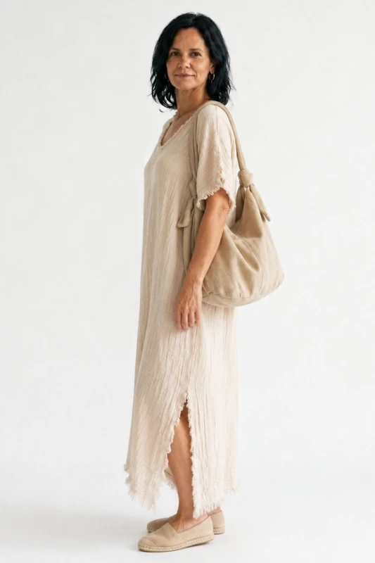 Sukienka damska beżowa len oversize boho z frędzlami Italy