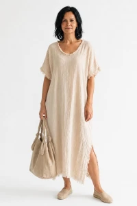 Sukienka damska beżowa len oversize boho z frędzlami Italy