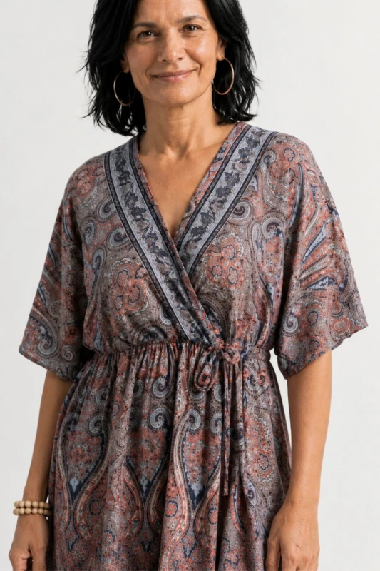 Sukienka damska szara we wzory 100% jedwab one size Made in India
