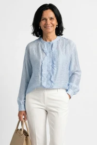 Bluzka damska niebieska koszulowa z falbaną elegancka oversize Italy 