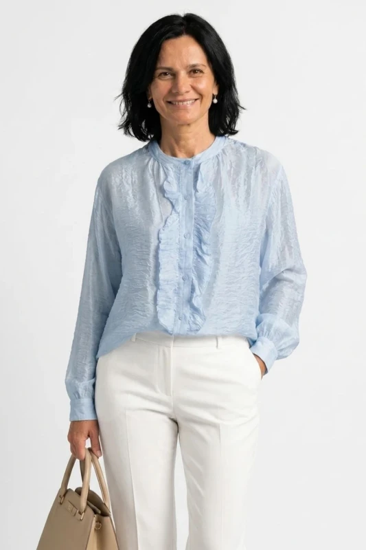 Bluzka damska niebieska koszulowa z falbaną elegancka oversize Italy