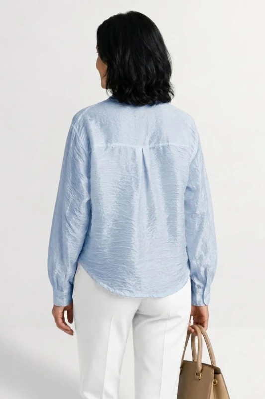 Bluzka damska niebieska koszulowa z falbaną elegancka oversize Italy