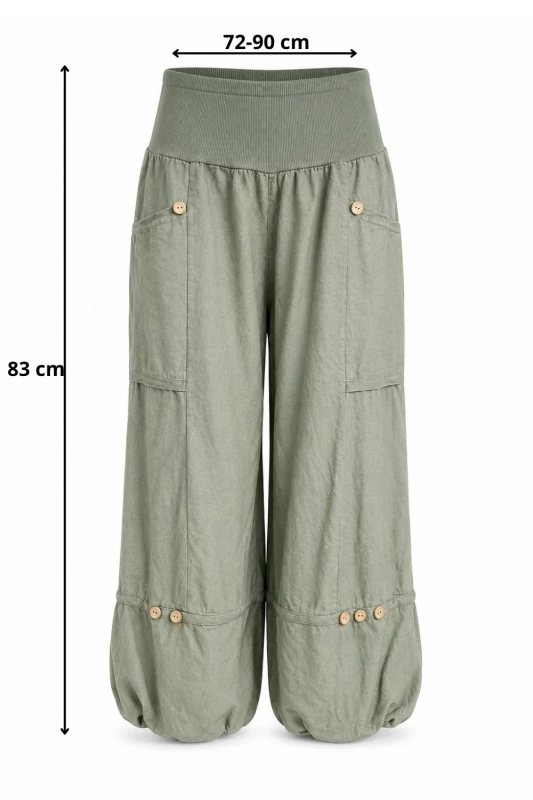 Spodnie damskie zielone 100% len luźny krój Made in Italy