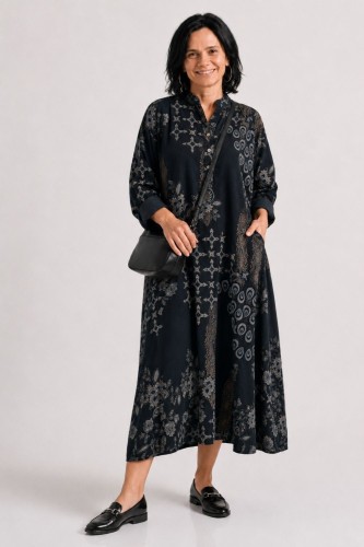 Sukienka damska czarna boho oversize wzory mandala luźna sztruksowa Italy