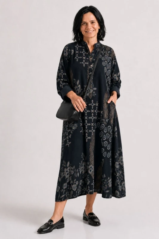 Sukienka damska czarna boho oversize wzory mandala luźna sztruksowa Italy