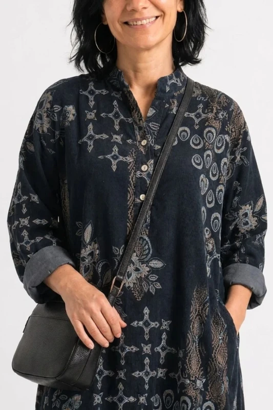 Sukienka damska czarna boho oversize wzory mandala luźna sztruksowa Italy