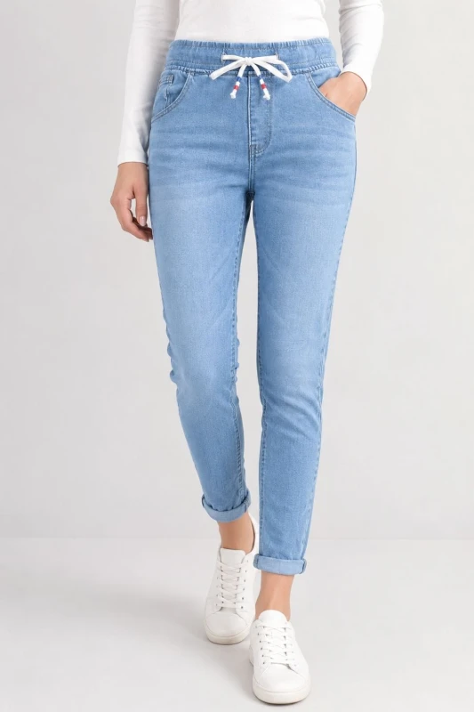 Spodnie damskie jeansowe z wiązaniem jasny denim M