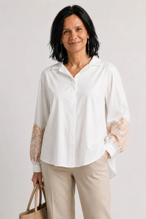 Bluzka koszula damska biała z haftem elegancka 100% bawełna Italy