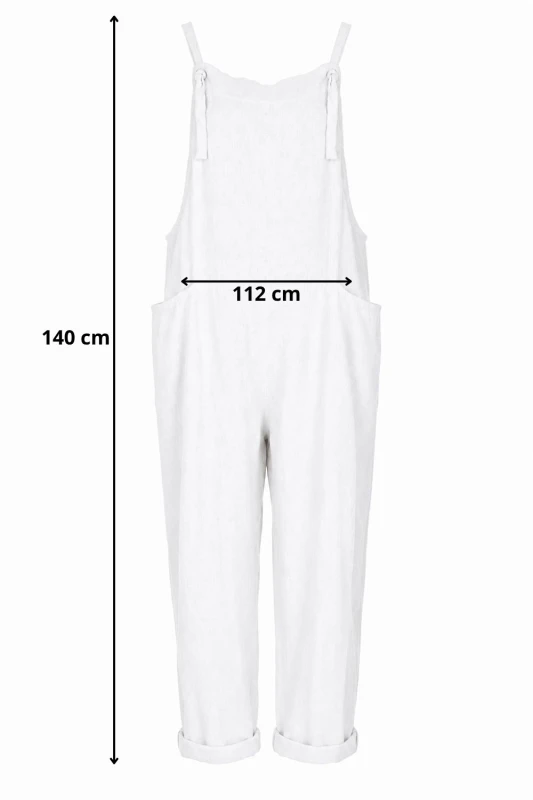 Kombinezon damski biały 100% len ogrodniczki luźny krój kieszenie Italy