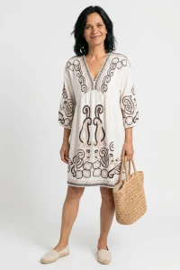 Sukienka damska ecru boho we wzory oversize krótka Made in Italy